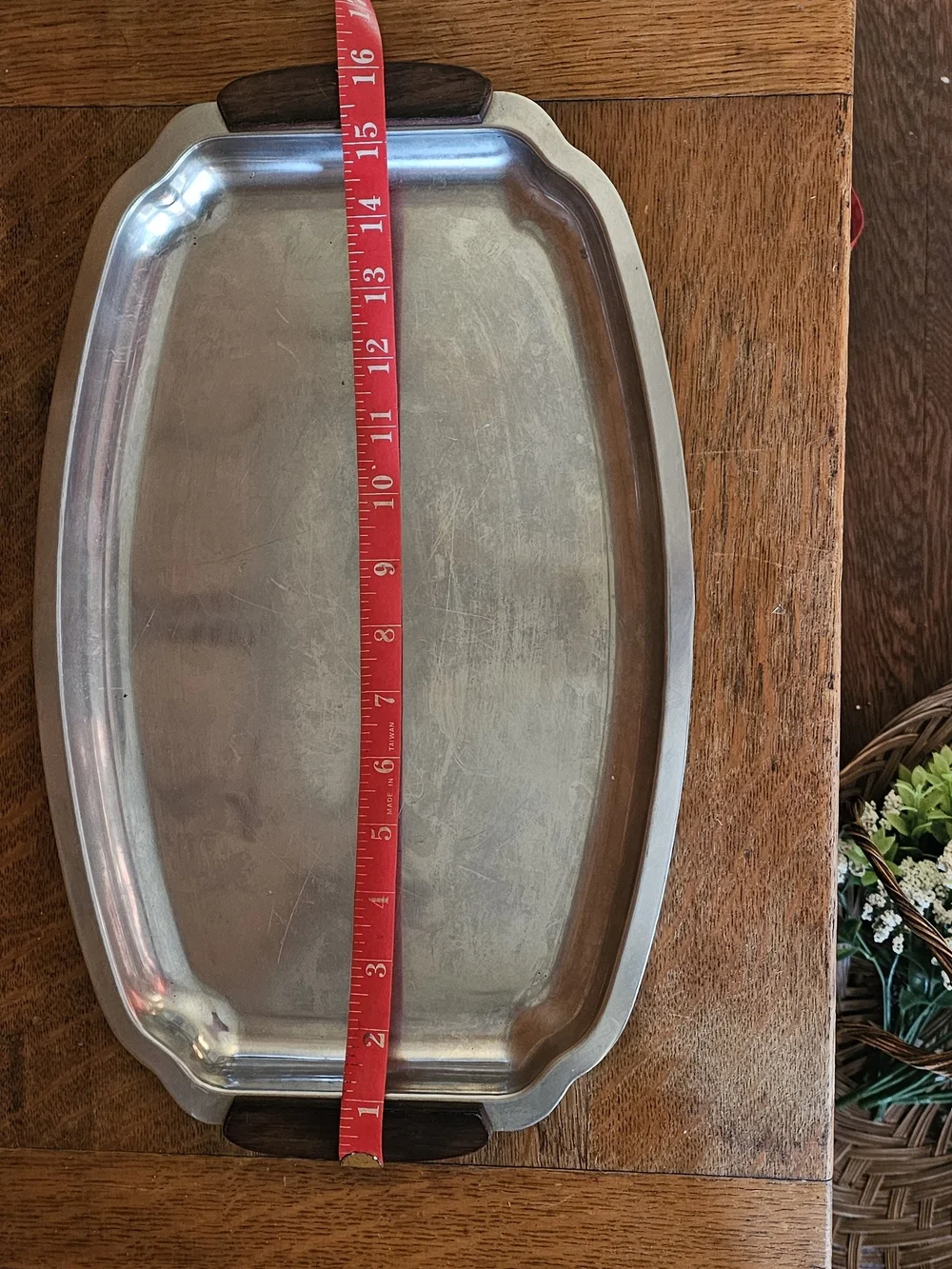 Vintage Danish Style Pewter Serving Tray with Teak Handles | Mid Century Modern